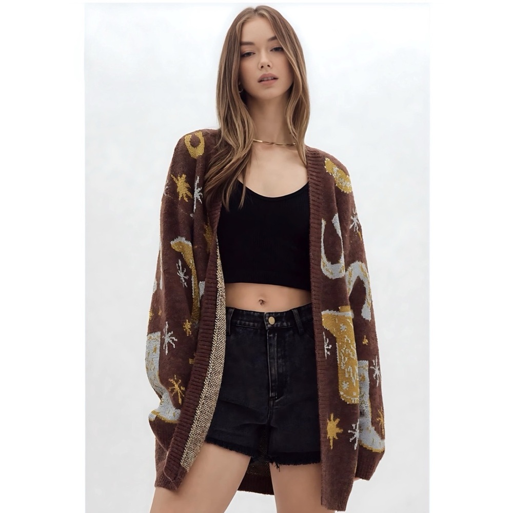 LAST 1! ENTRO Shimmer Western Print Open Soft Cardigan! - Picture 2 of 6